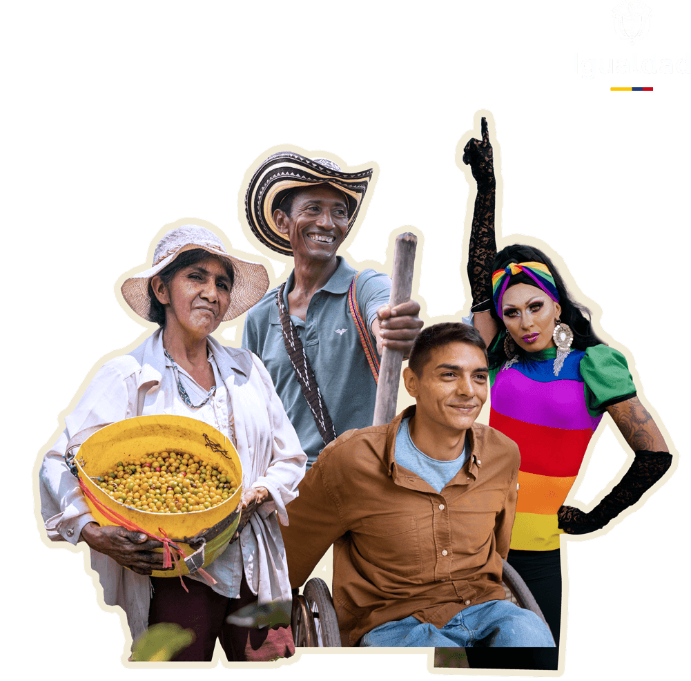 Personas diversas de Colombia: campesina, hombre con sombrero vueltiao, joven en silla de ruedas y persona de la comunidad LGBTIQ+